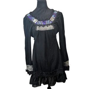 VINTAGE JOHN FASHION BLACK BEADED SEQUIN MINI DRESS WOOL BOHO COQUETTE SIZE M
